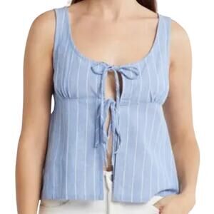 Vigoss Tie Front Linen Blend Top Size M Blue White Stripe Coastal Designer NWOT